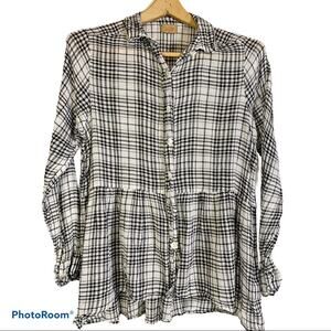 Tulip | Small | Black and White Plaid Gauzy Babydoll Button Down Top Shirt
